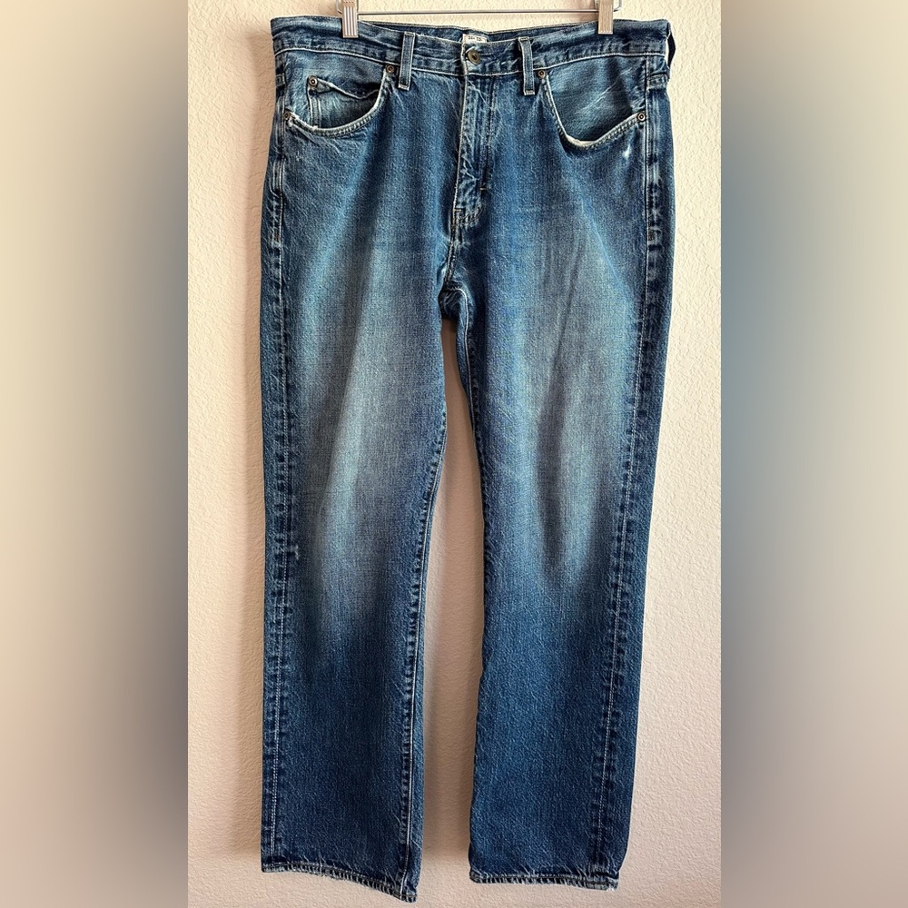 J Crew Jeans Mens 34 x 32 Blue Denim Straight Leg Mid Rise Whisker Cotton Preppy
